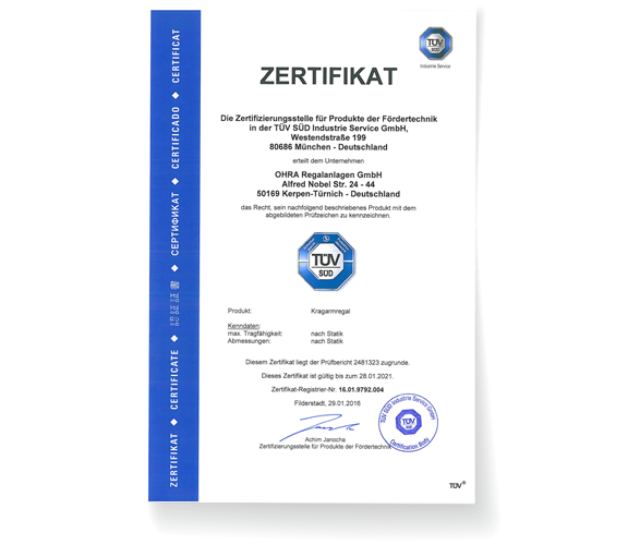 [Translate "Czech Republic"] OHRA ist zertifiziert vom TÜV Süd 
